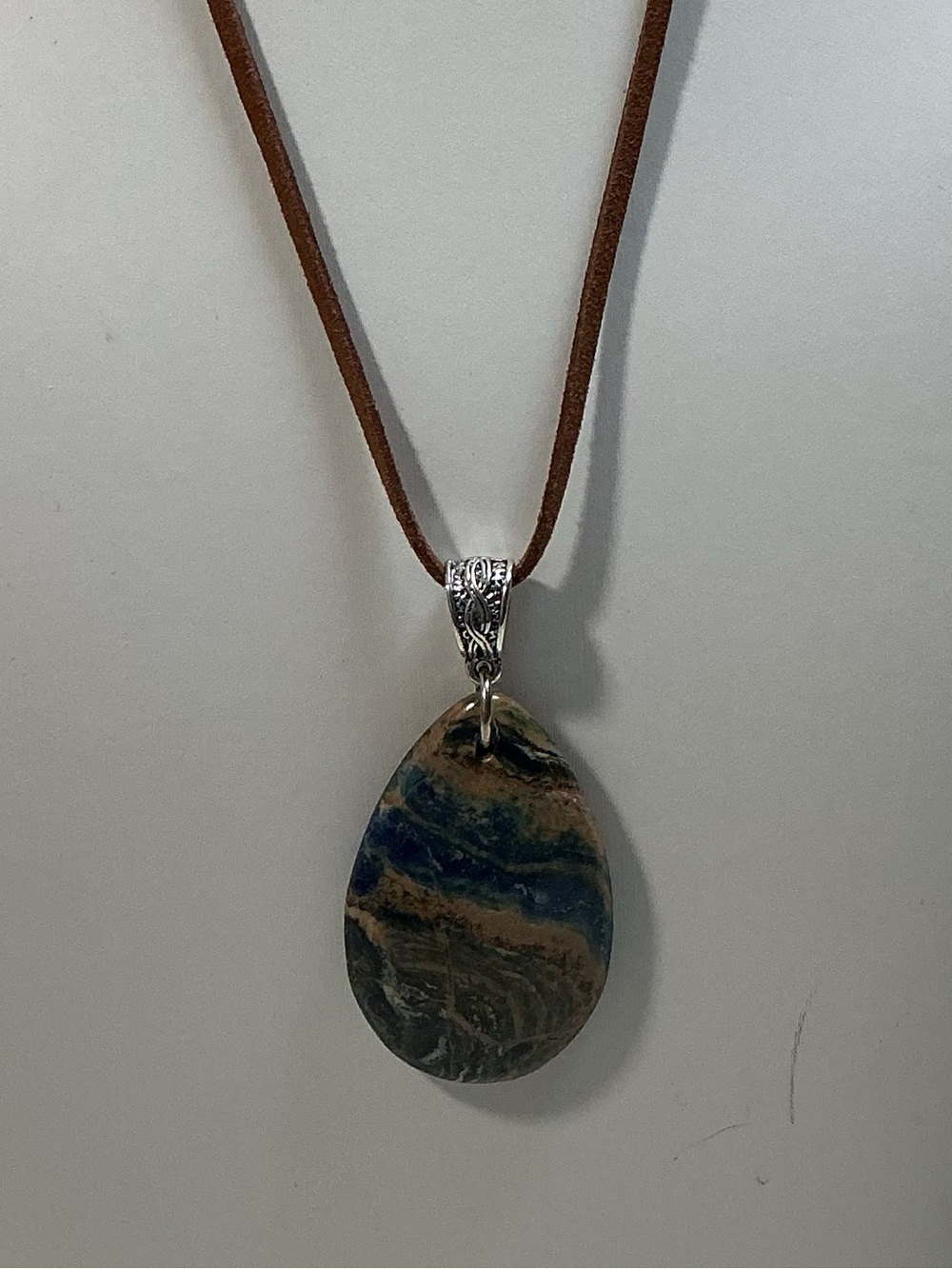 Natural Ocean Jasper Teardrop Silver Tone Pendant Necklace